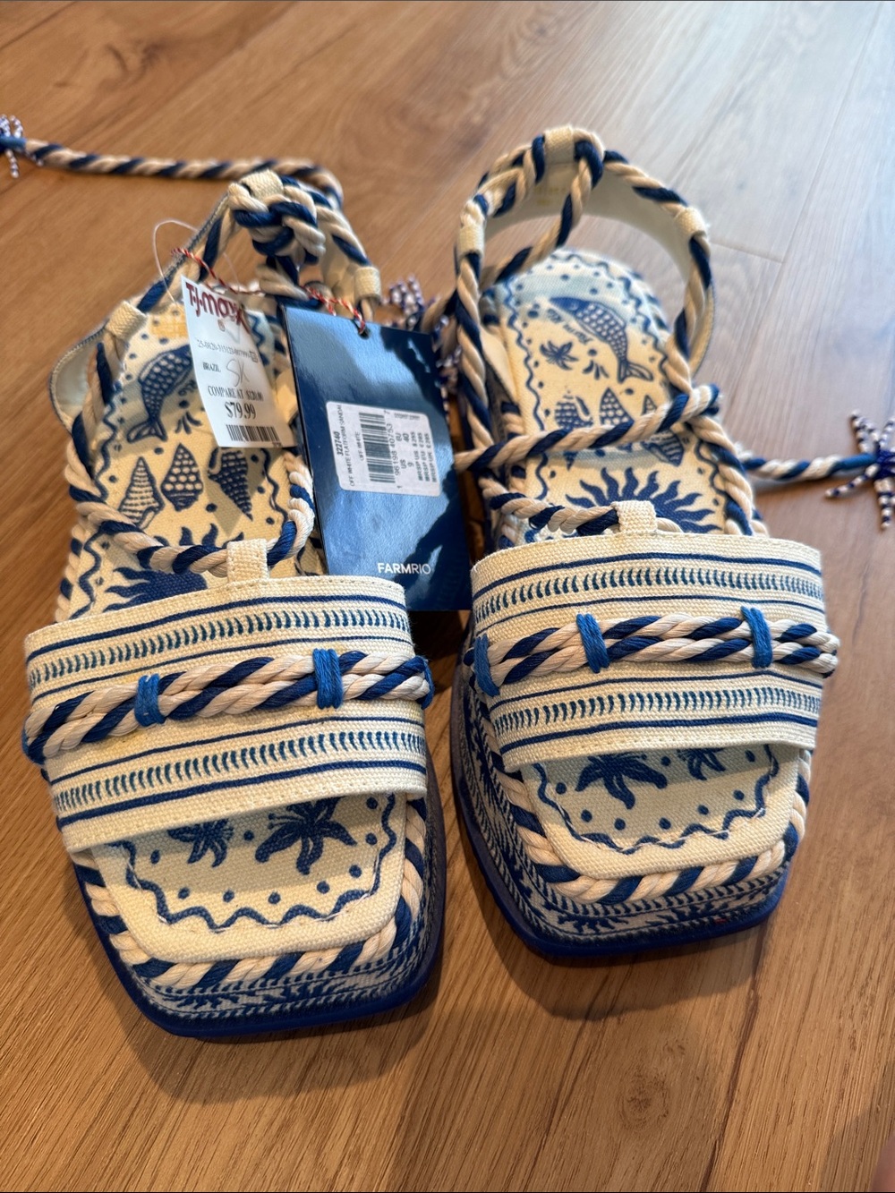 Farm Rio Blue & Cream Boho Rope Lace-Up Sandals